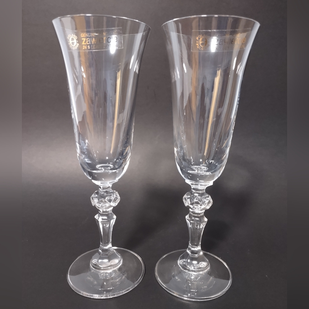 Vintage Lead Crystal Champagne Flutes Set Of 2 Zawiercie Poland